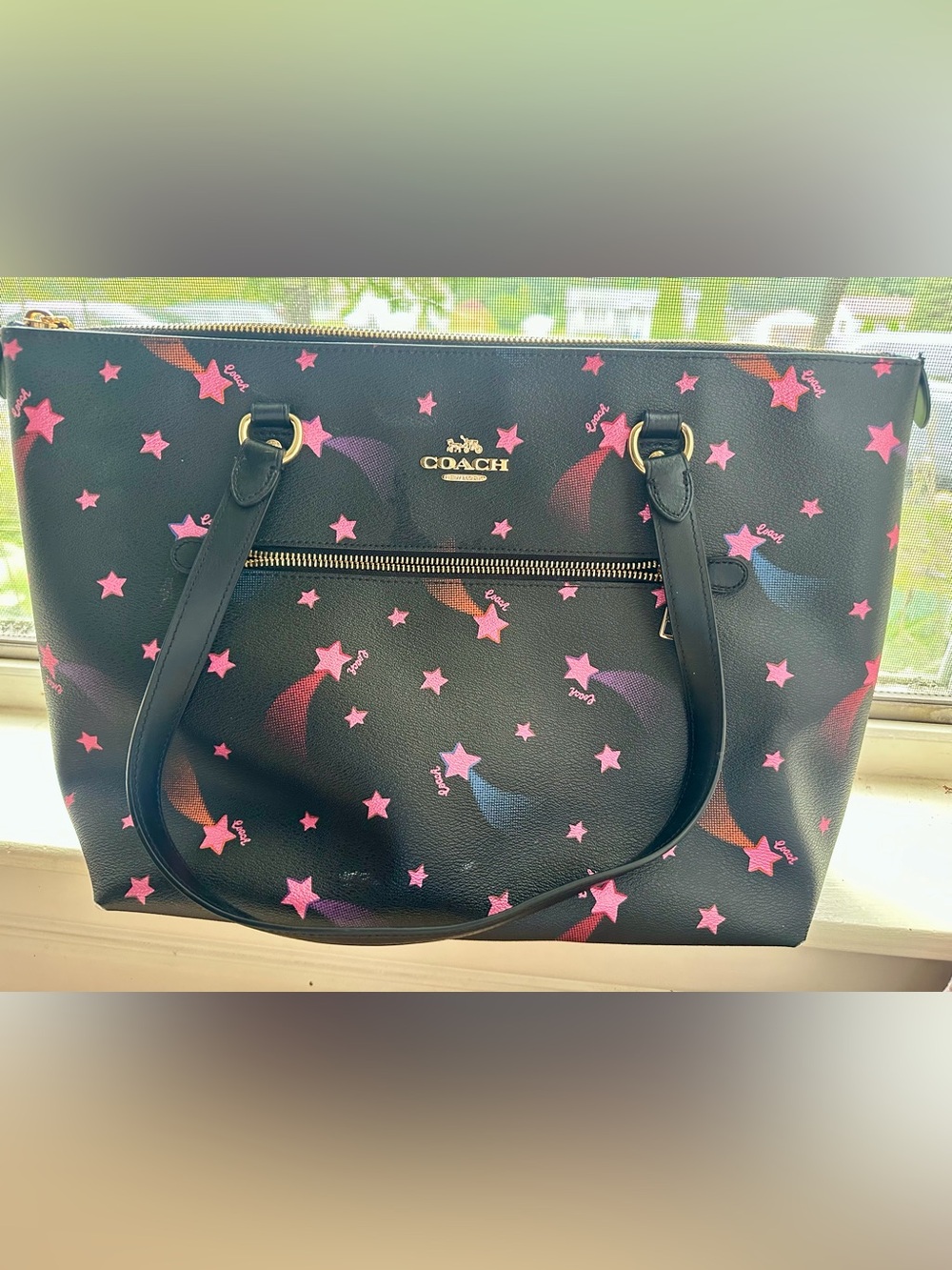 Coach F32181 Black & Pink Star Print Zip Tote Bag